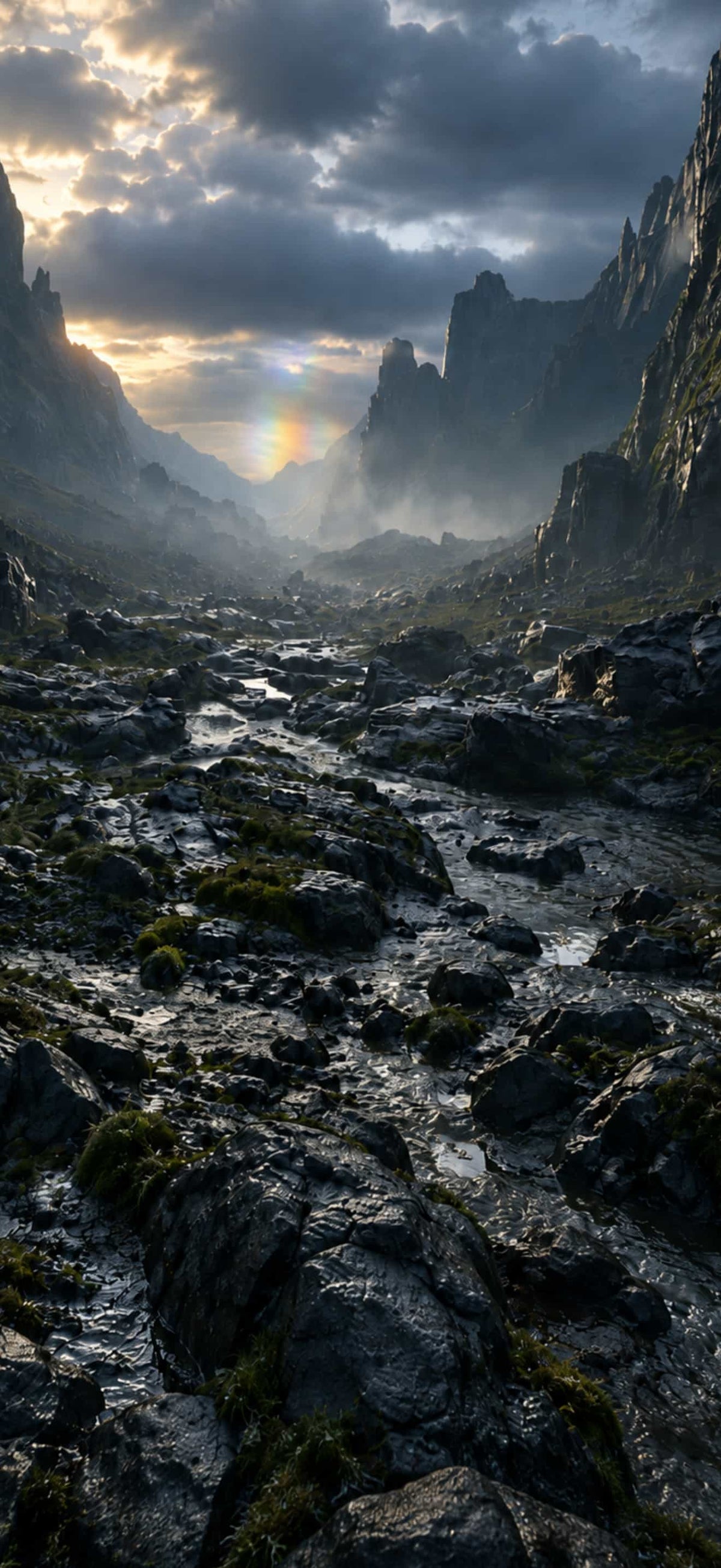 Ancient mountain valley inspired by the Kirin legend, with mist, flowing water, and subtle prismatic light in the distant sky.