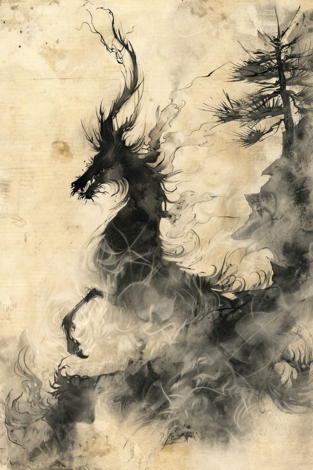 A powerful traditional Japanese ink painting of a Kirin among misty pines, representing the mythical inspiration behind the Kirin Scent brand.