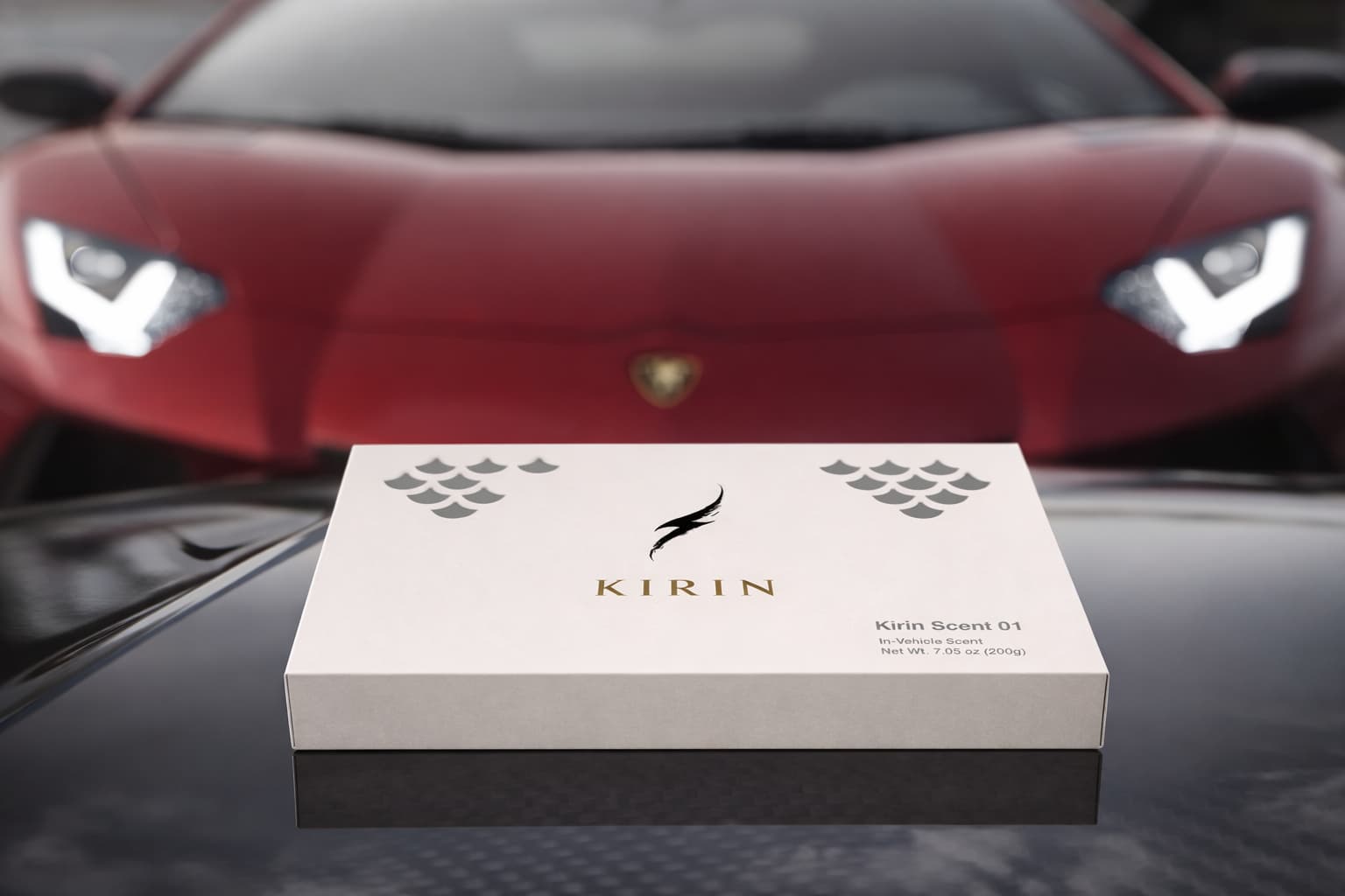 Kirin Scent luxury fragrance 01 product box on a red Lamborghini supercar hood, premium automotive lifestyle.